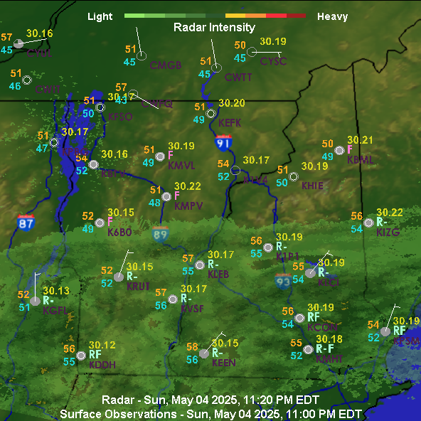 Our surface map includes traditional observations and radar from the national weather service